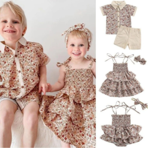 Boys Girls Small Floral Suspender Dress Ruffled Romper 3piece